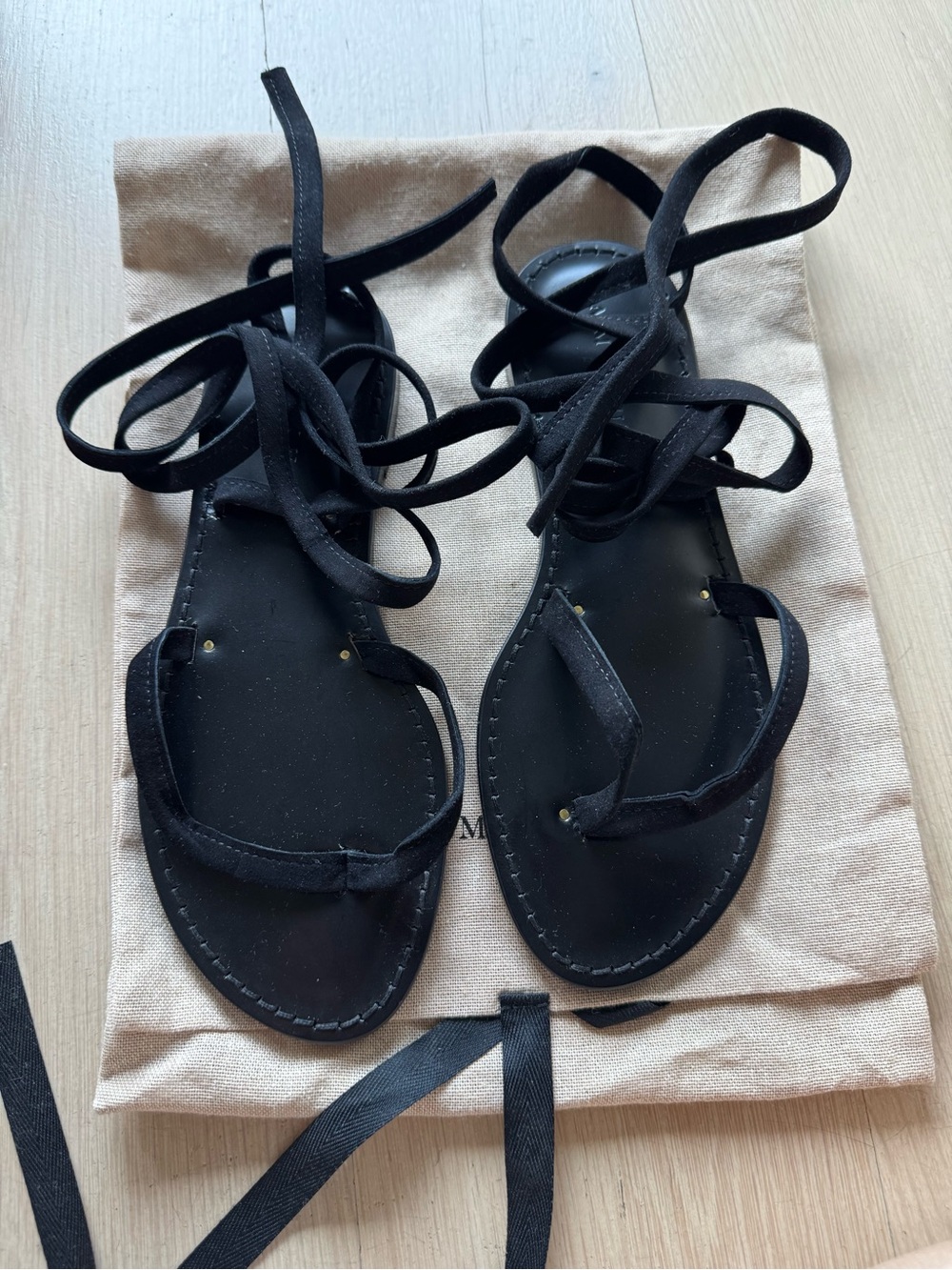 Women’s Black Lace-Up Flat Sandals with Wrap Straps